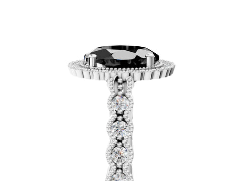 White gold Fancy Black Round Cut Cut Halo Pavé Solitaire Ring with Milgrain Band_17
