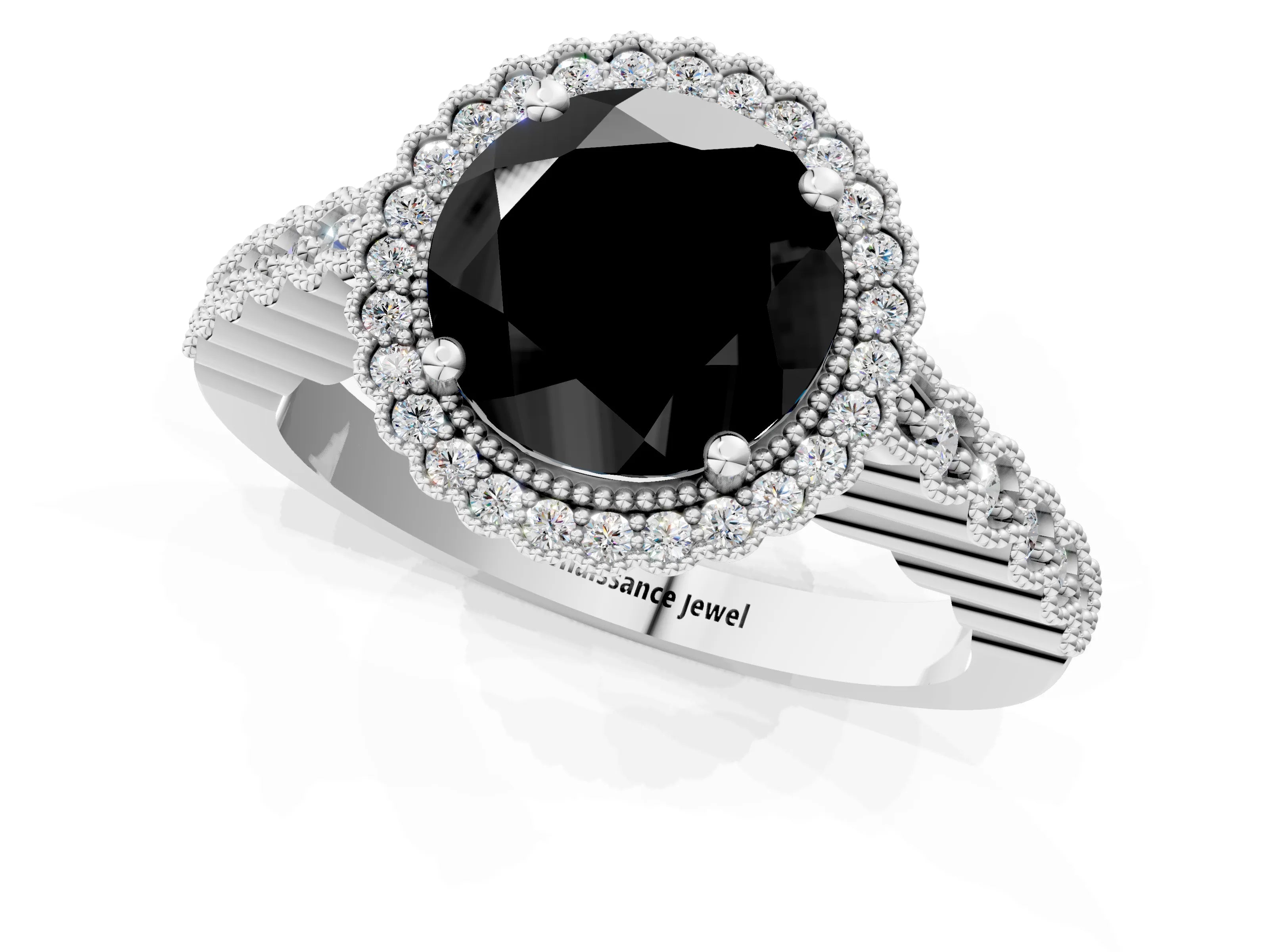 White gold Fancy Black Round Cut Cut Halo Pavé Solitaire Ring with Milgrain Band_1