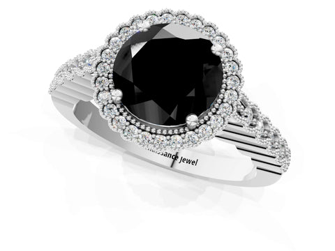 White gold Fancy Black Round Cut Cut Halo Pavé Solitaire Ring with Milgrain Band_1