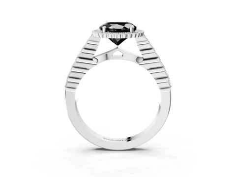 White gold Fancy Black Round Cut Cut Halo Pavé Solitaire Ring with Milgrain Band_3