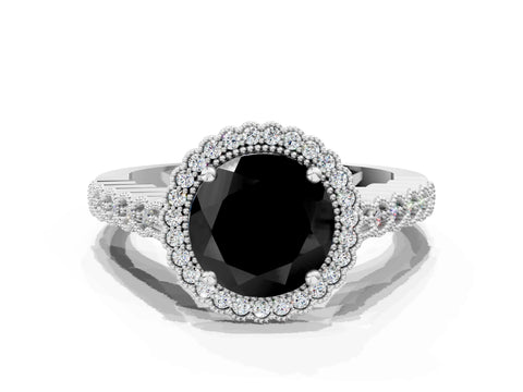 White gold Fancy Black Round Cut Cut Halo Pavé Solitaire Ring with Milgrain Band