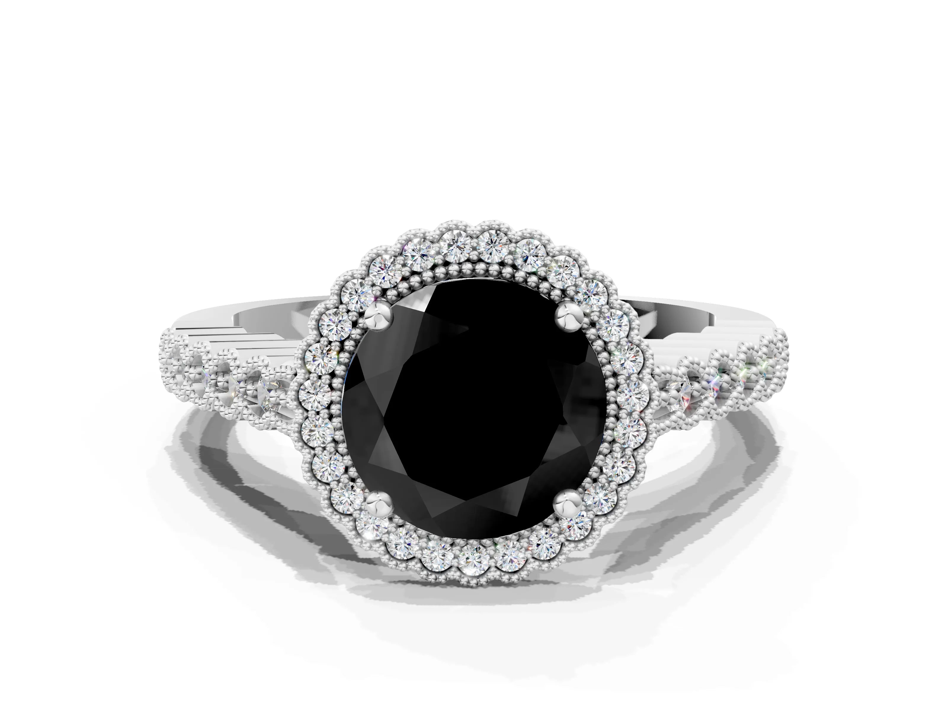 White gold Fancy Black Round Cut Cut Halo Pavé Solitaire Ring with Milgrain Band
