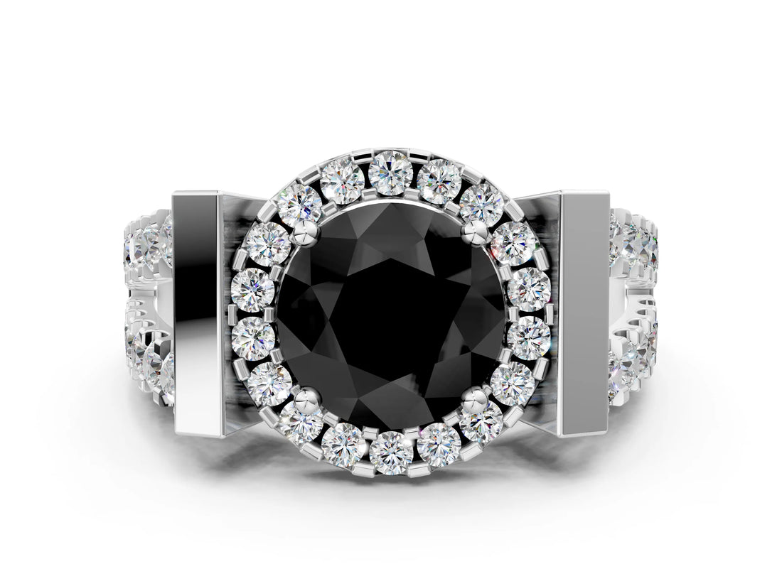 White gold Fancy Black Round Cut Cut Halo Split Shank Prong Set Ring_12