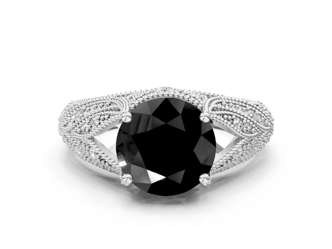 White gold Fancy Black Round Cut Cut Milgrain Pave Diamond Engagement Ring with Four-Prong Setting_3