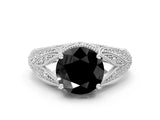 White gold Fancy Black Round Cut Cut Milgrain Pave Diamond Engagement Ring with Four-Prong Setting_3