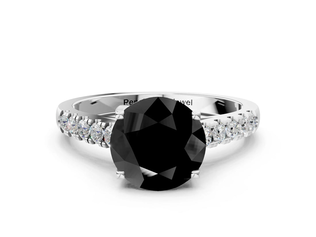 White gold Fancy Black Round Cut Cut Pavé Band Solitaire Ring with Four-Prong Setting