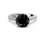 White gold Fancy Black Round Cut Cut Pavé Band Solitaire Ring with Four-Prong Setting