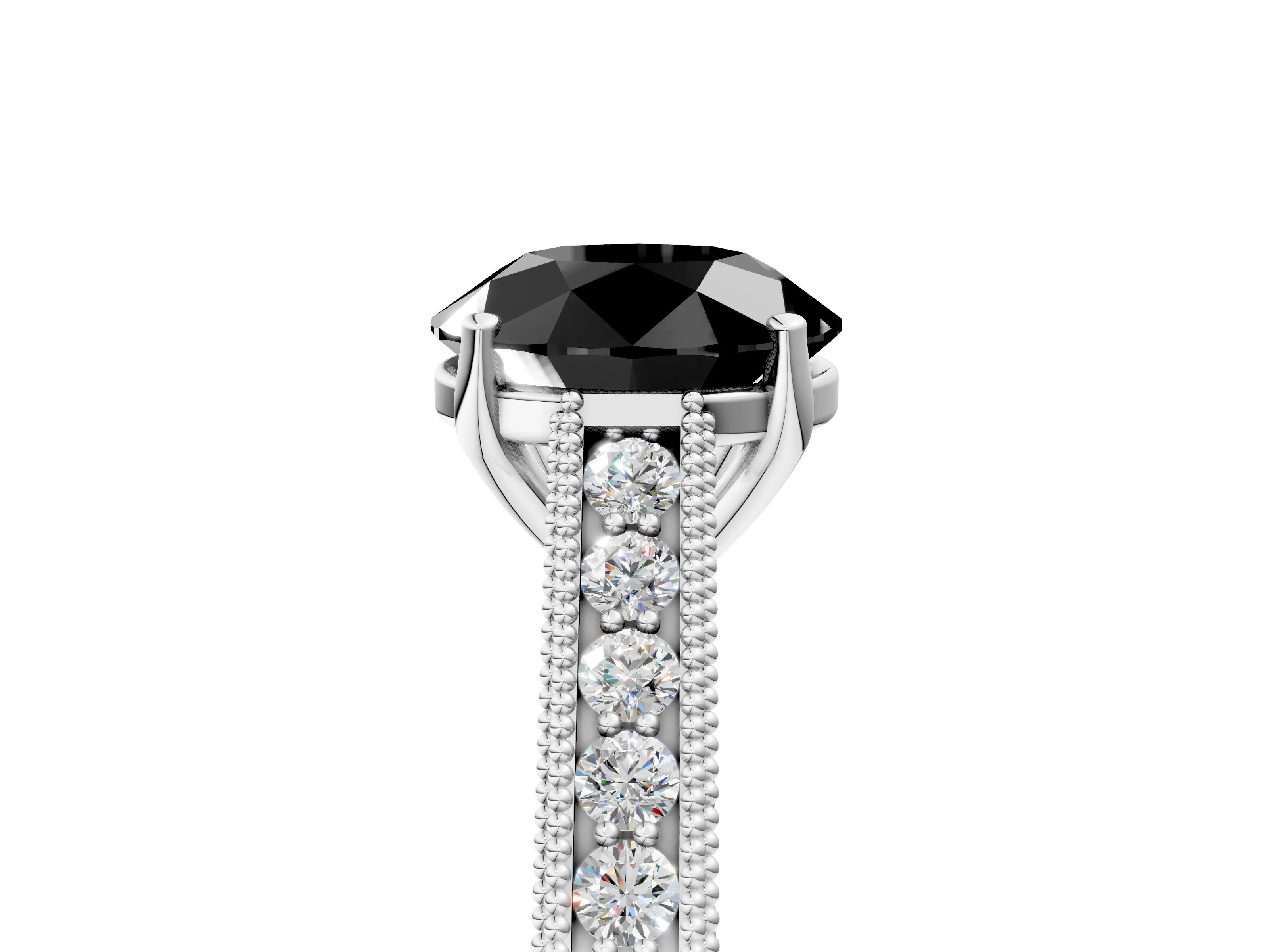White gold Fancy Black Round Cut Cut Pave Band Milgrain Solitaire Ring_11