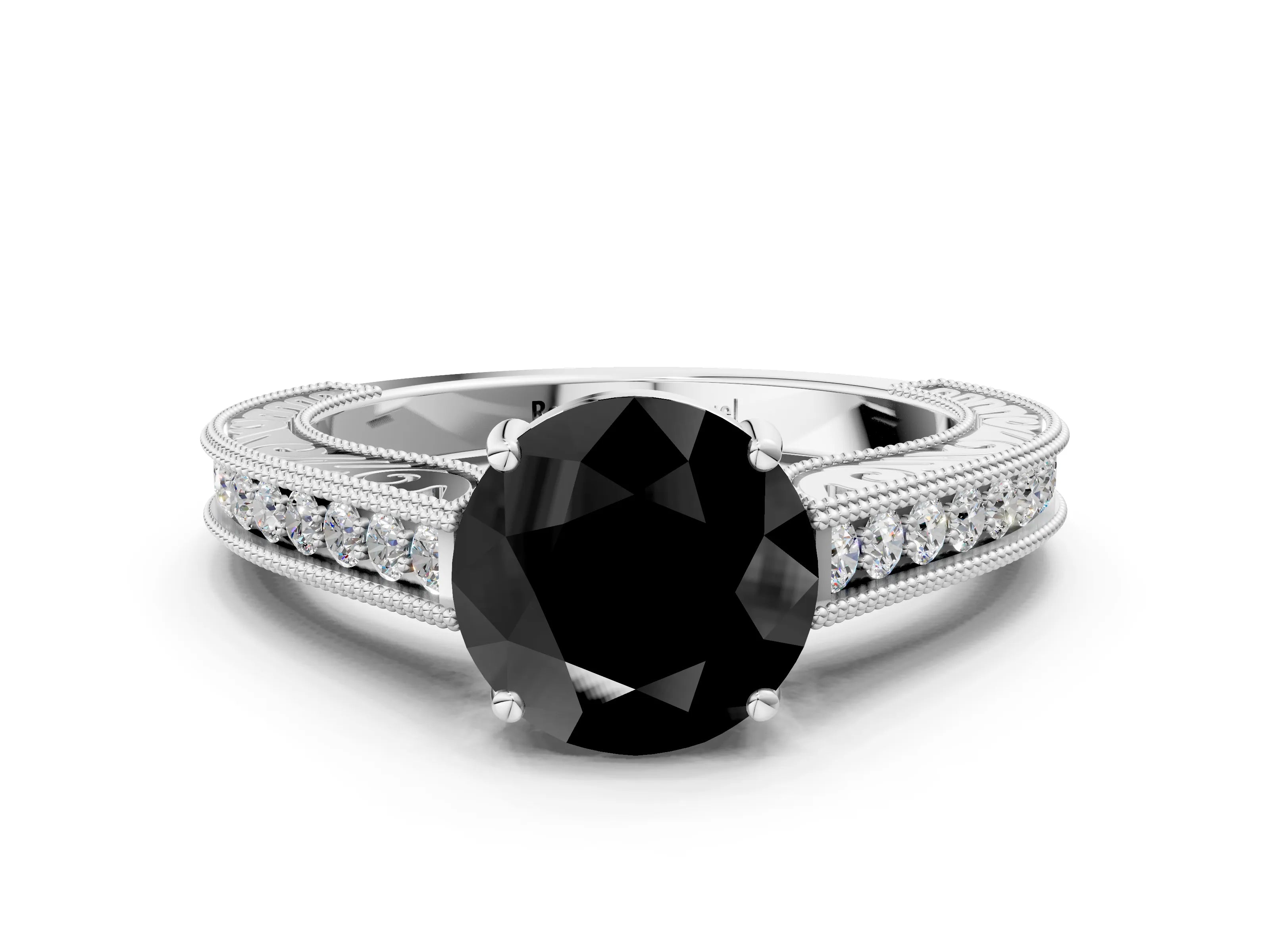 White gold Fancy Black Round Cut Cut Pave Band Milgrain Solitaire Ring_20