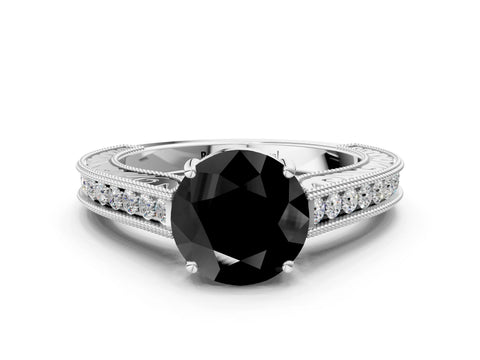 White gold Fancy Black Round Cut Cut Pave Band Milgrain Solitaire Ring_20