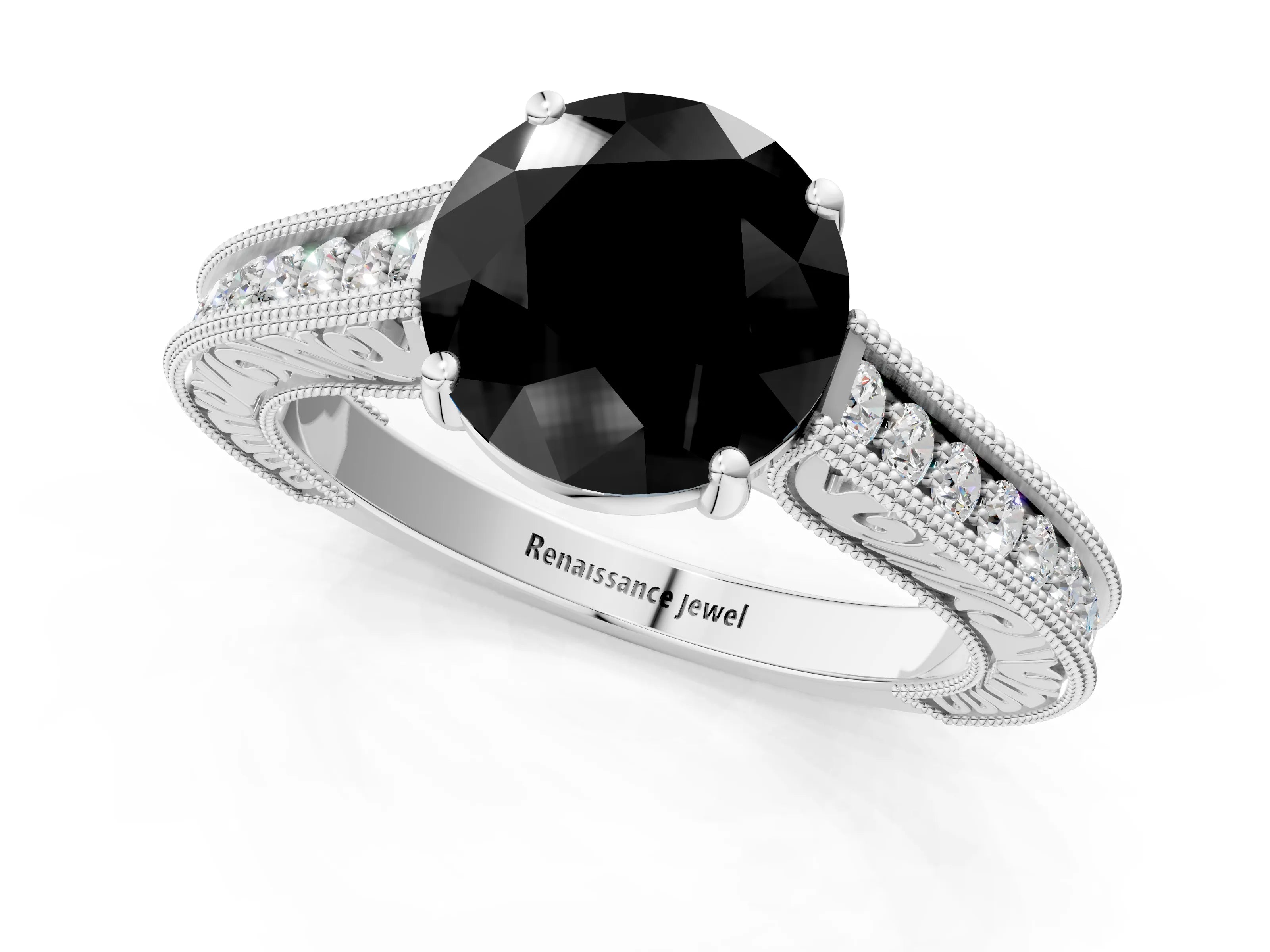 White gold Fancy Black Round Cut Cut Pave Band Milgrain Solitaire Ring_21