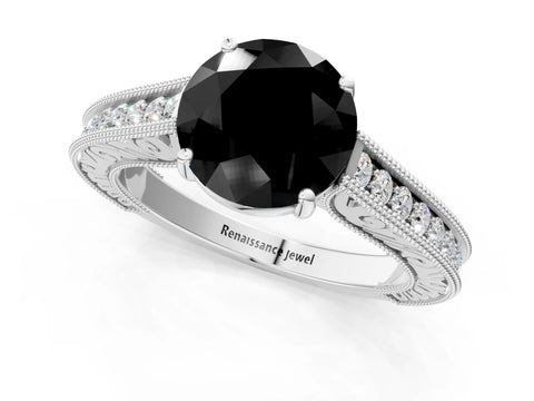 White gold Fancy Black Round Cut Cut Pave Band Milgrain Solitaire Ring_21