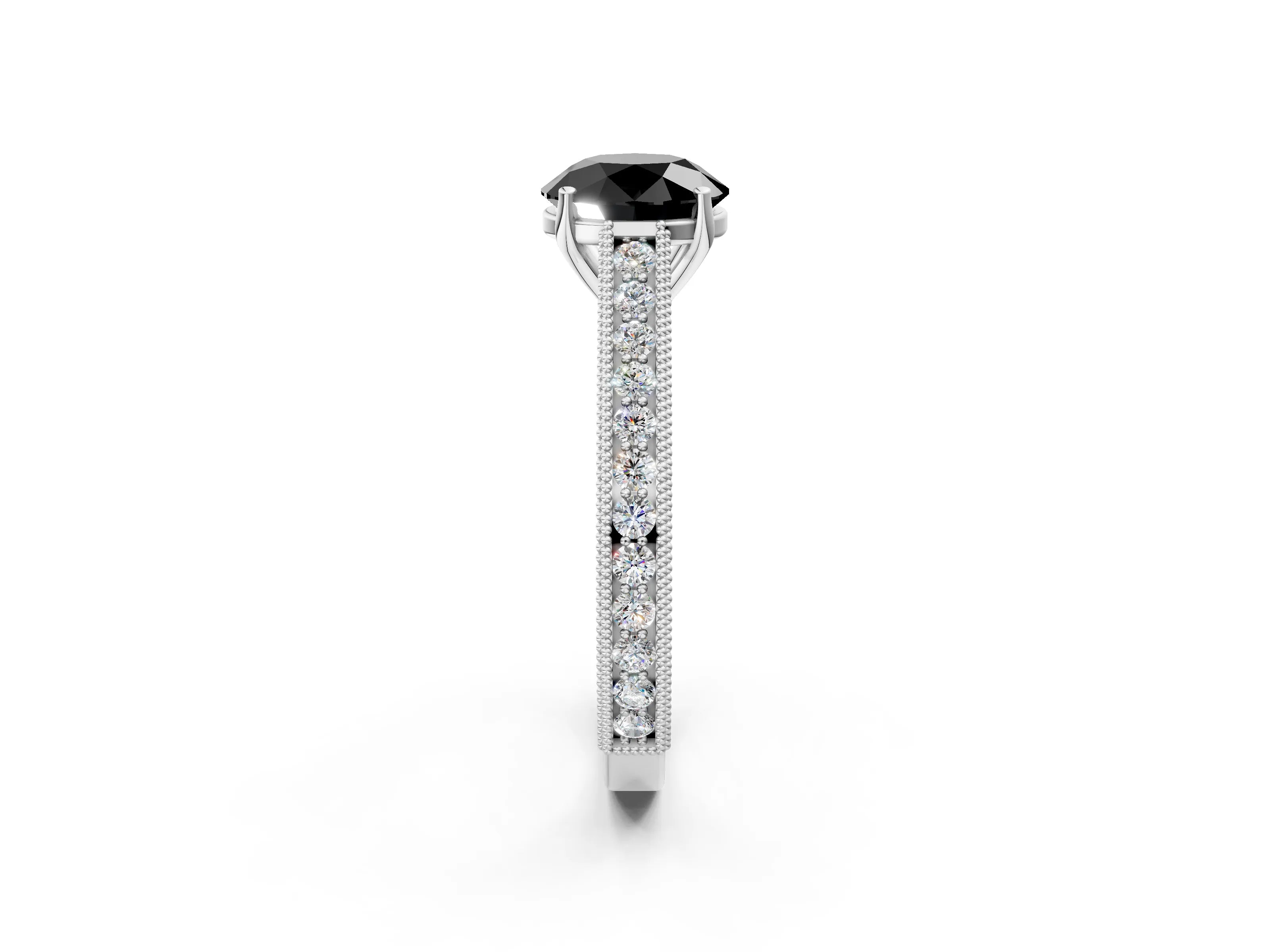 White gold Fancy Black Round Cut Cut Pave Band Milgrain Solitaire Ring_2