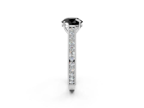 White gold Fancy Black Round Cut Cut Pave Band Milgrain Solitaire Ring_2
