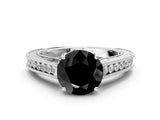 White gold Fancy Black Round Cut Cut Pave Band Milgrain Solitaire Ring