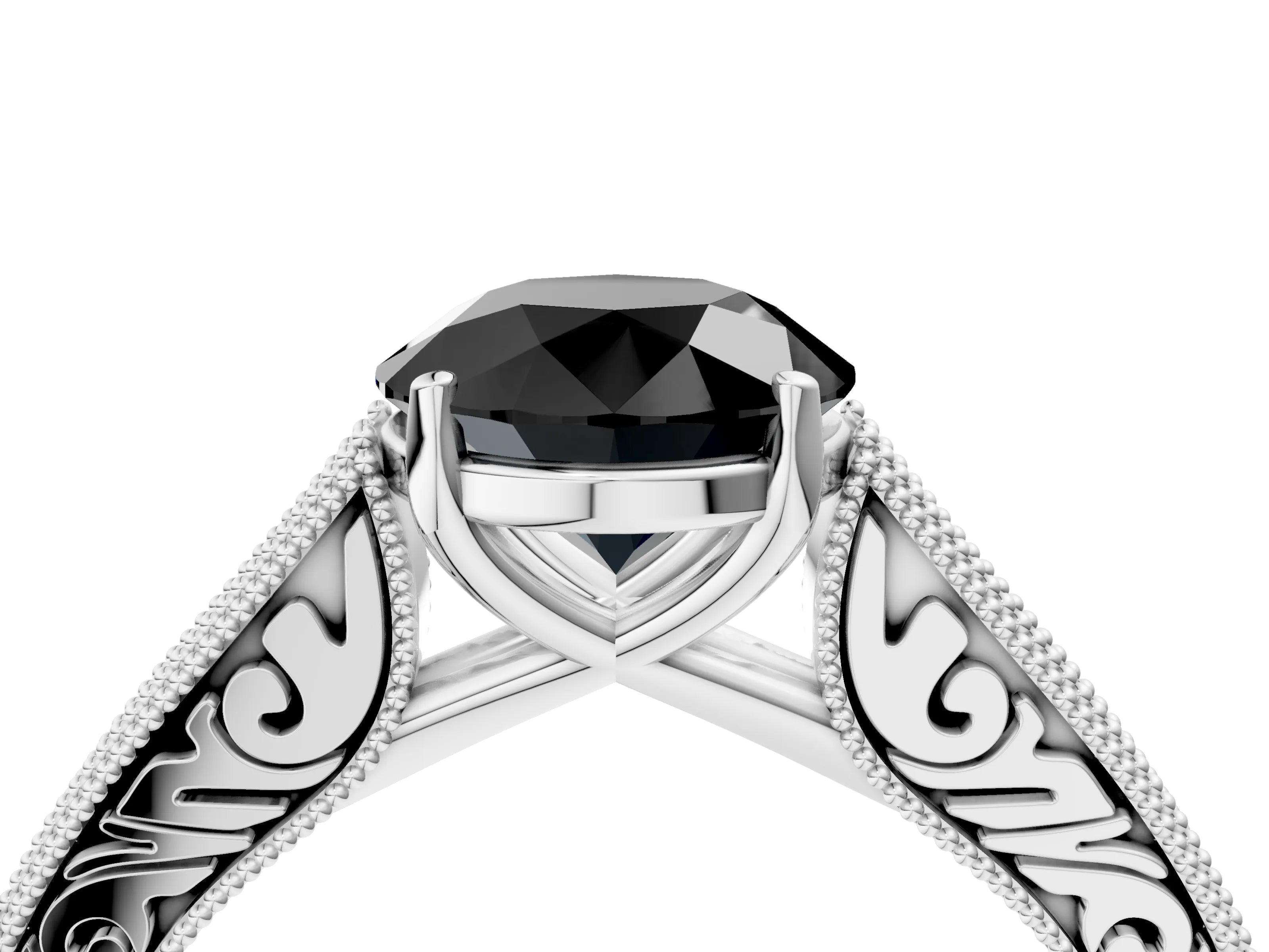 White gold Fancy Black Round Cut Cut Pave Band Milgrain Solitaire Ring_4
