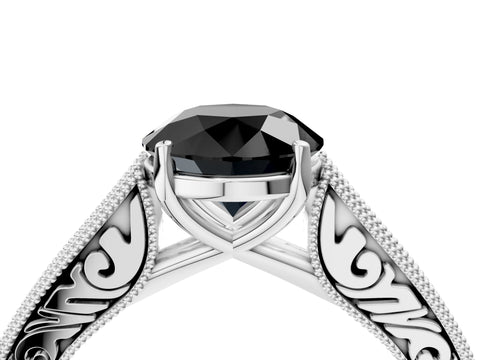 White gold Fancy Black Round Cut Cut Pave Band Milgrain Solitaire Ring_4