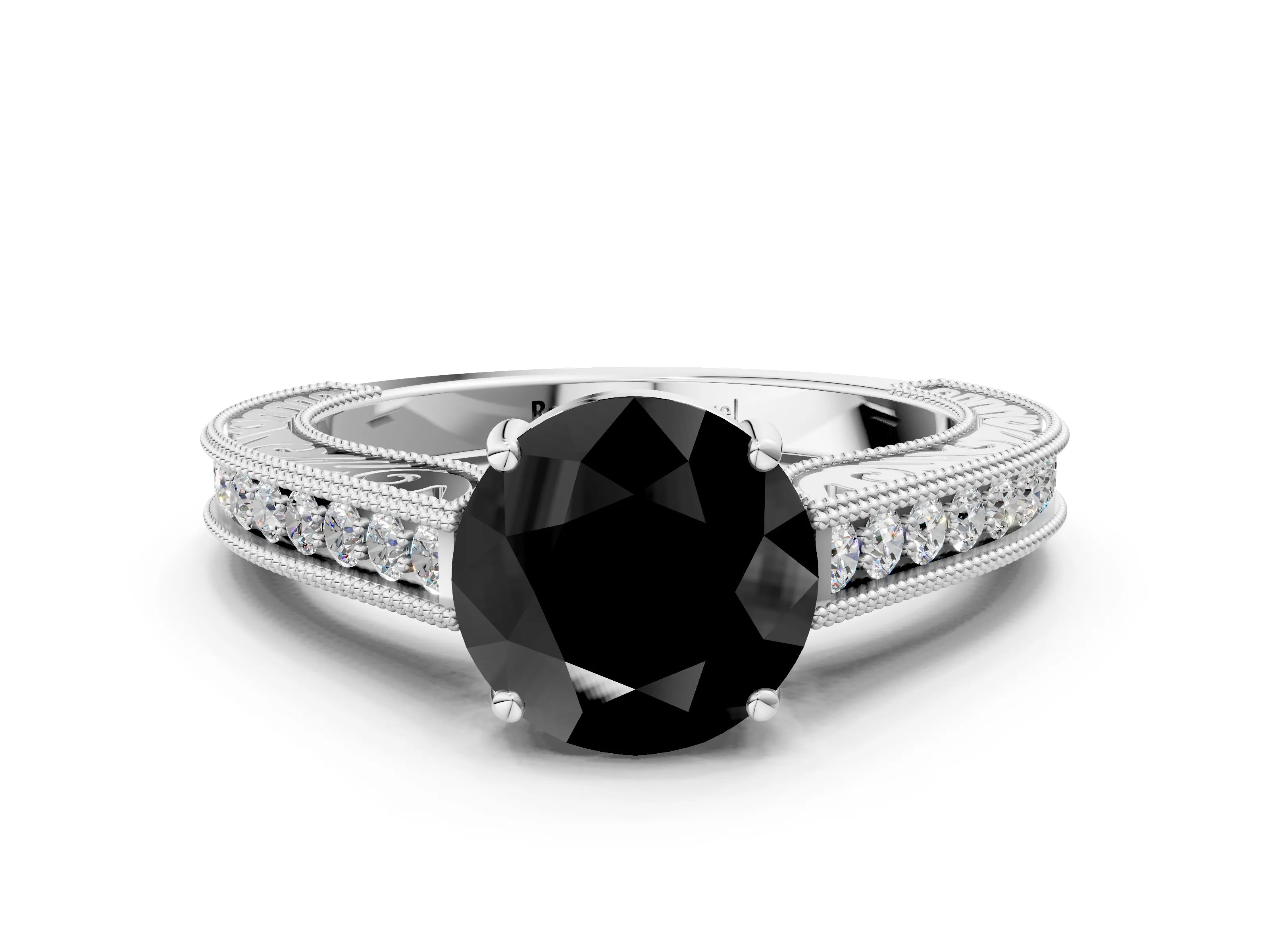 White gold Fancy Black Round Cut Cut Pave Band Milgrain Solitaire Ring_6