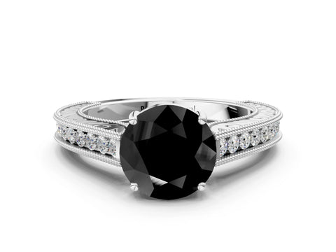 White gold Fancy Black Round Cut Cut Pave Band Milgrain Solitaire Ring_6