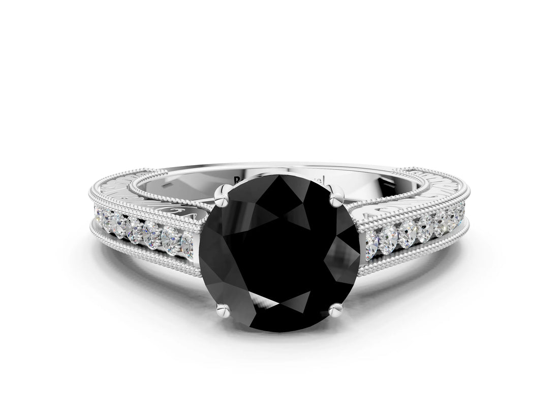 White gold Fancy Black Round Cut Cut Pave Band Milgrain Solitaire Ring_6