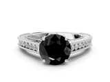 White gold Fancy Black Round Cut Cut Pave Band Milgrain Solitaire Ring_6