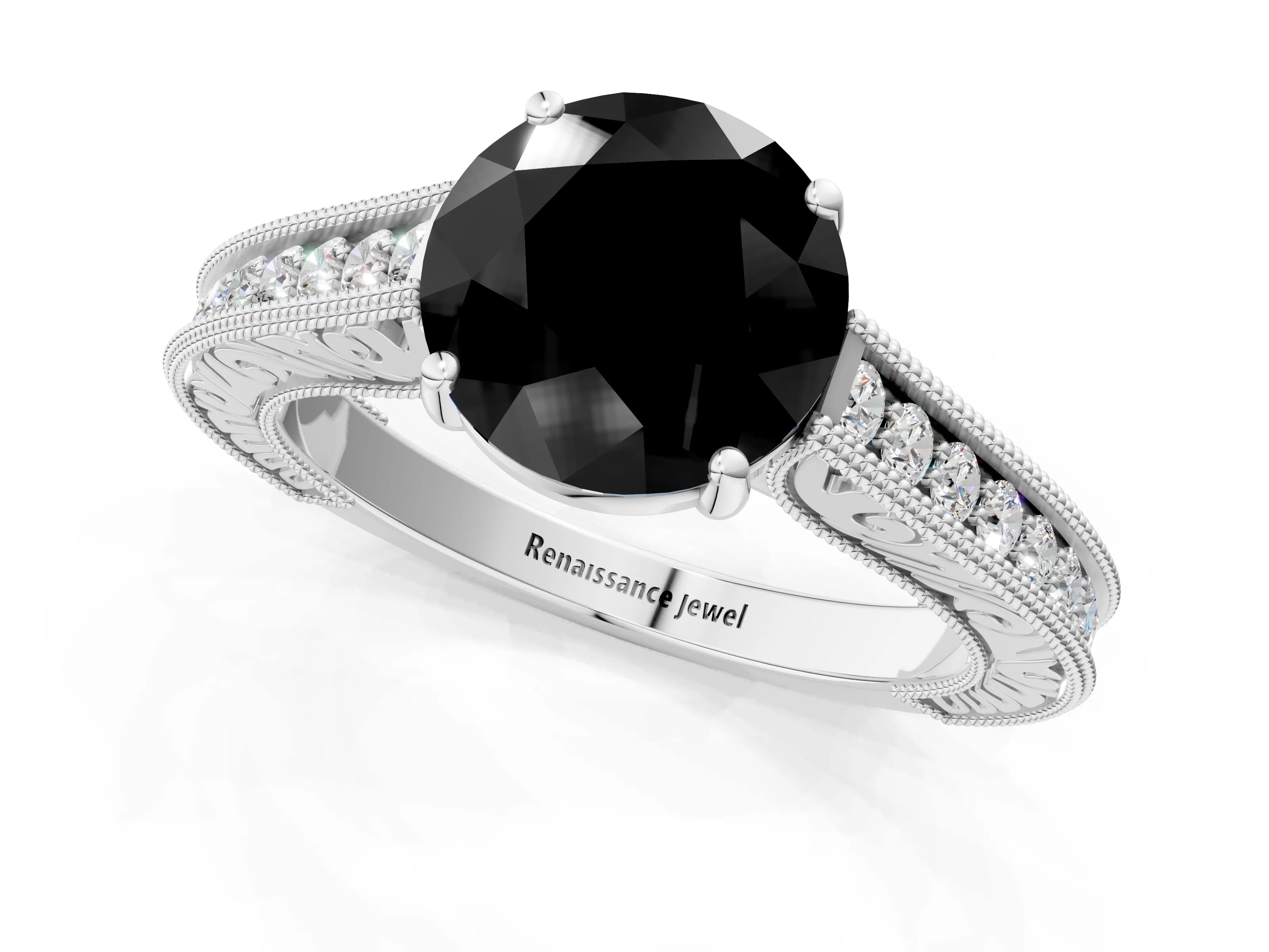 White gold Fancy Black Round Cut Cut Pave Band Milgrain Solitaire Ring_7