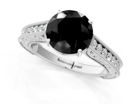 White gold Fancy Black Round Cut Cut Pave Band Milgrain Solitaire Ring_7