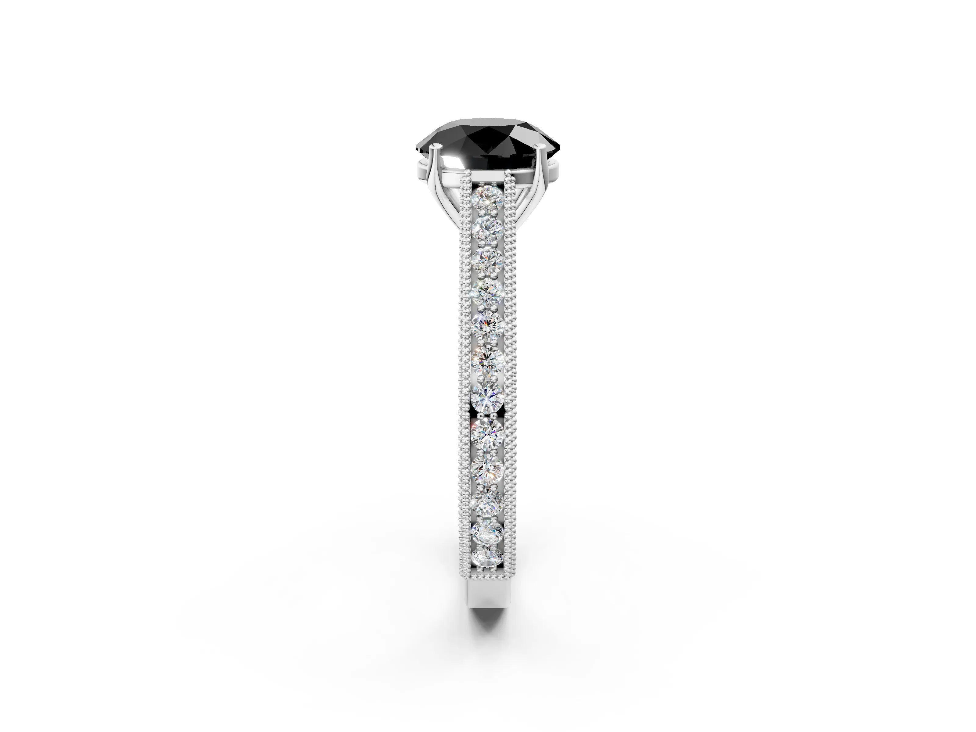 White gold Fancy Black Round Cut Cut Pave Band Milgrain Solitaire Ring_8