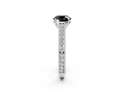 White gold Fancy Black Round Cut Cut Pave Band Milgrain Solitaire Ring_8