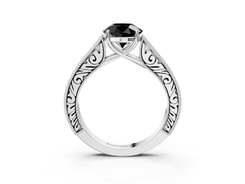 White gold Fancy Black Round Cut Cut Pave Band Milgrain Solitaire Ring_9