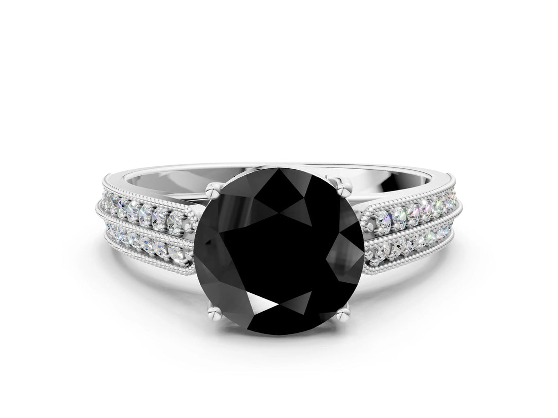 White gold Fancy Black Round Cut Cut Pave Split Shank Engagement Ring with Four-Prong Setting_12
