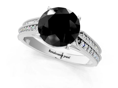 White gold Fancy Black Round Cut Cut Pave Split Shank Engagement Ring with Four-Prong Setting_13