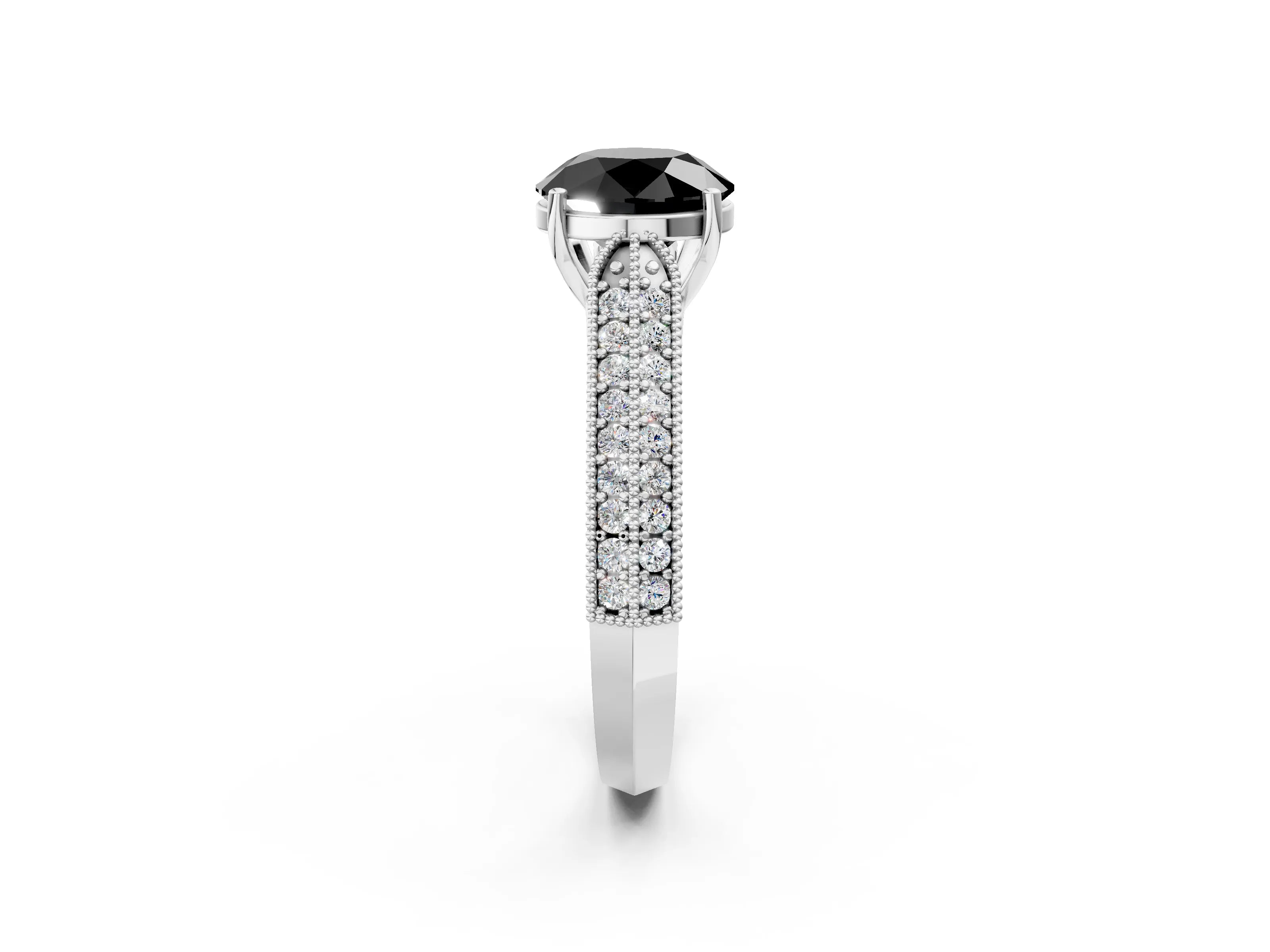 White gold Fancy Black Round Cut Cut Pave Split Shank Engagement Ring with Four-Prong Setting_14