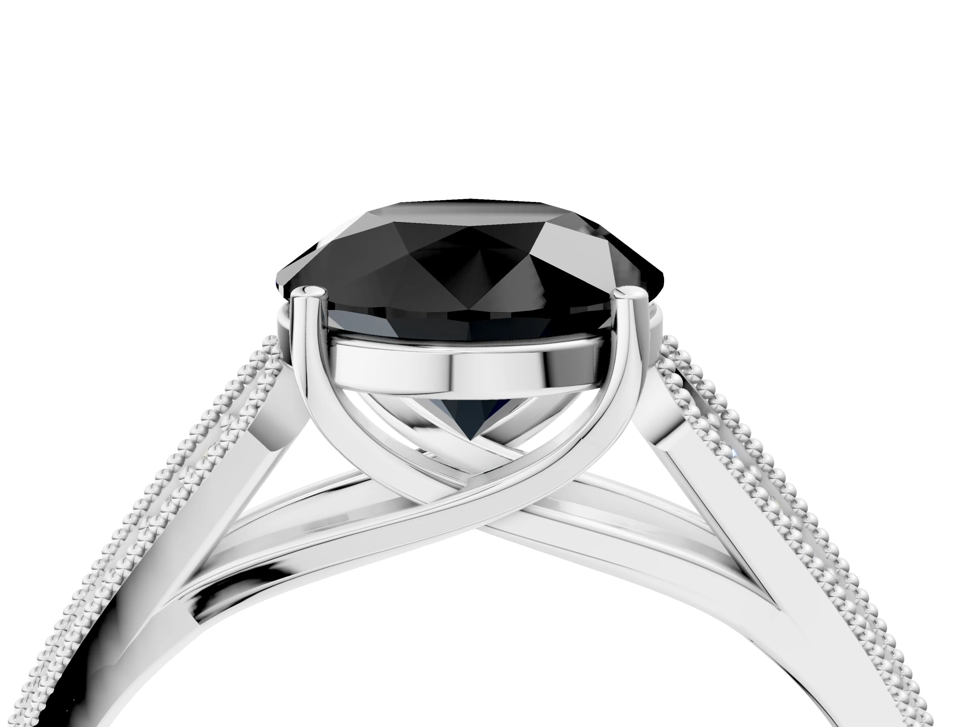 White gold Fancy Black Round Cut Cut Pave Split Shank Engagement Ring with Four-Prong Setting_16