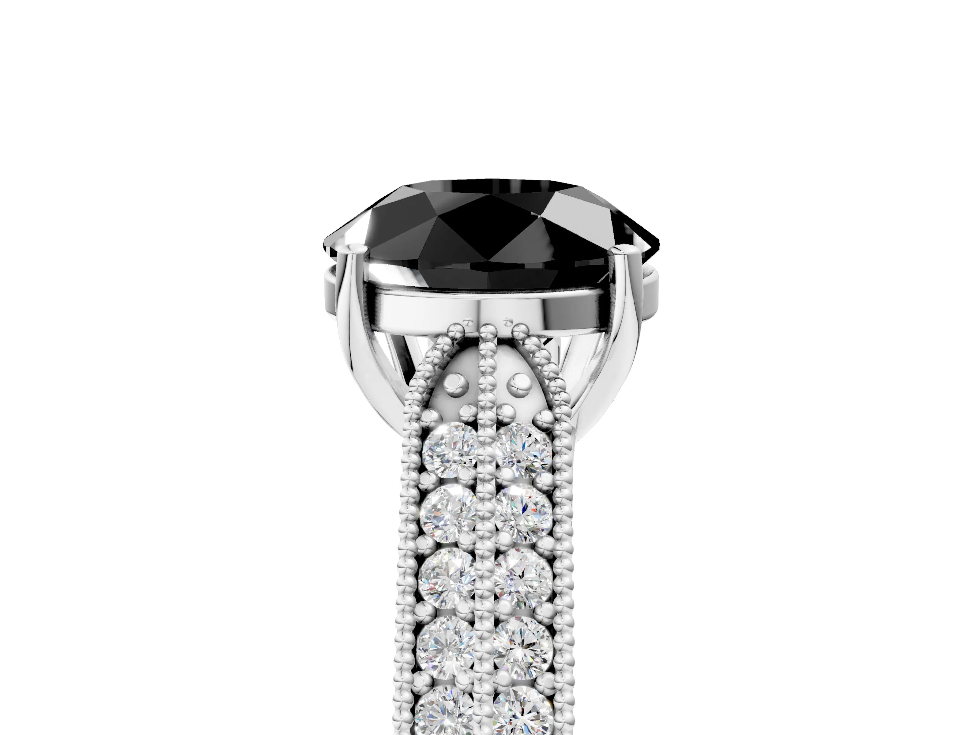 White gold Fancy Black Round Cut Cut Pave Split Shank Engagement Ring with Four-Prong Setting_17