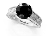 White gold Fancy Black Round Cut Cut Solitaire Engraved Band with Four-Prong Setting_1