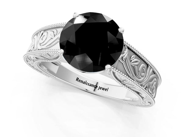 Platinum Round Vintage Engraved Solitaire Engagement Ring Setting for Black Center