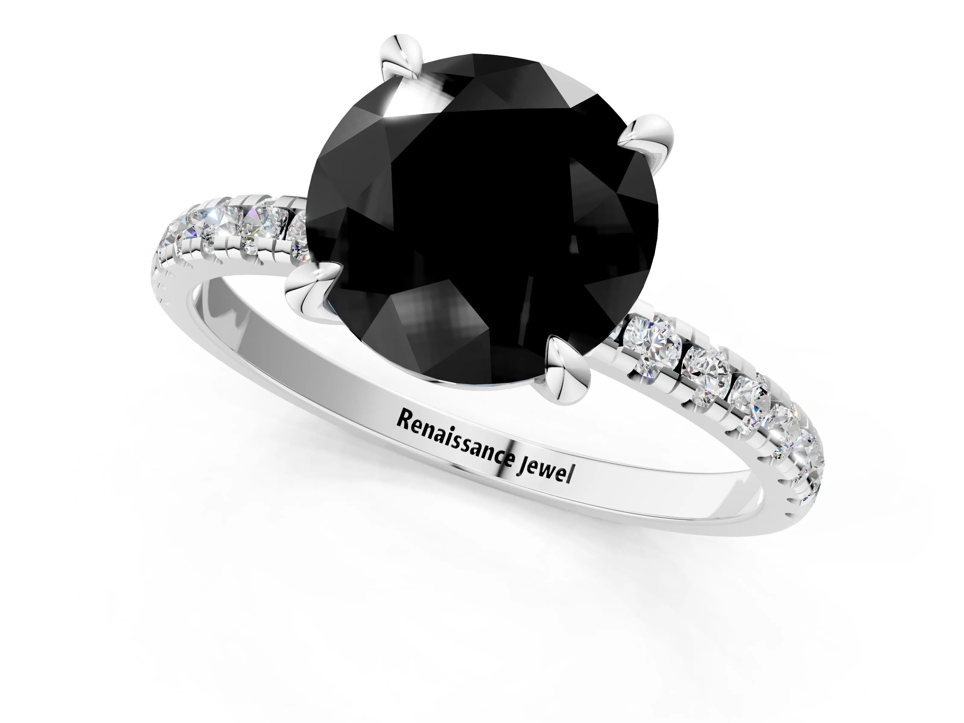 White gold Fancy Black Round Cut Diamond Brilliant Solitaire Ring with Pavé Band and Four-Prong Setting_1