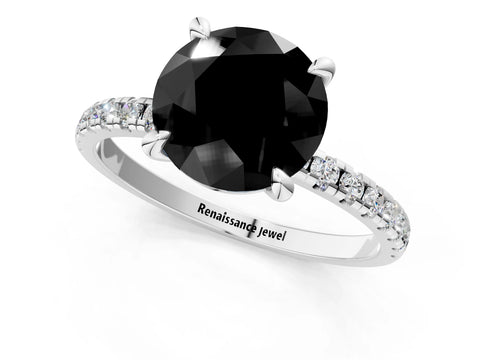 White gold Fancy Black Round Cut Diamond Brilliant Solitaire Ring with Pavé Band and Four-Prong Setting_1