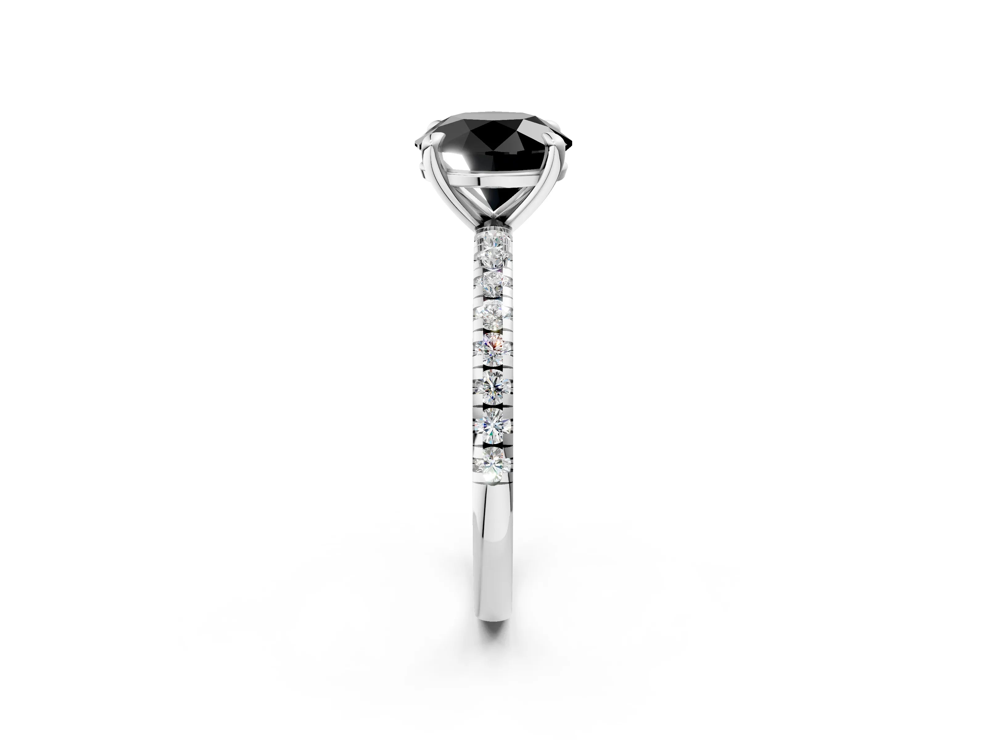 White gold Fancy Black Round Cut Diamond Brilliant Solitaire Ring with Pavé Band and Four-Prong Setting_2