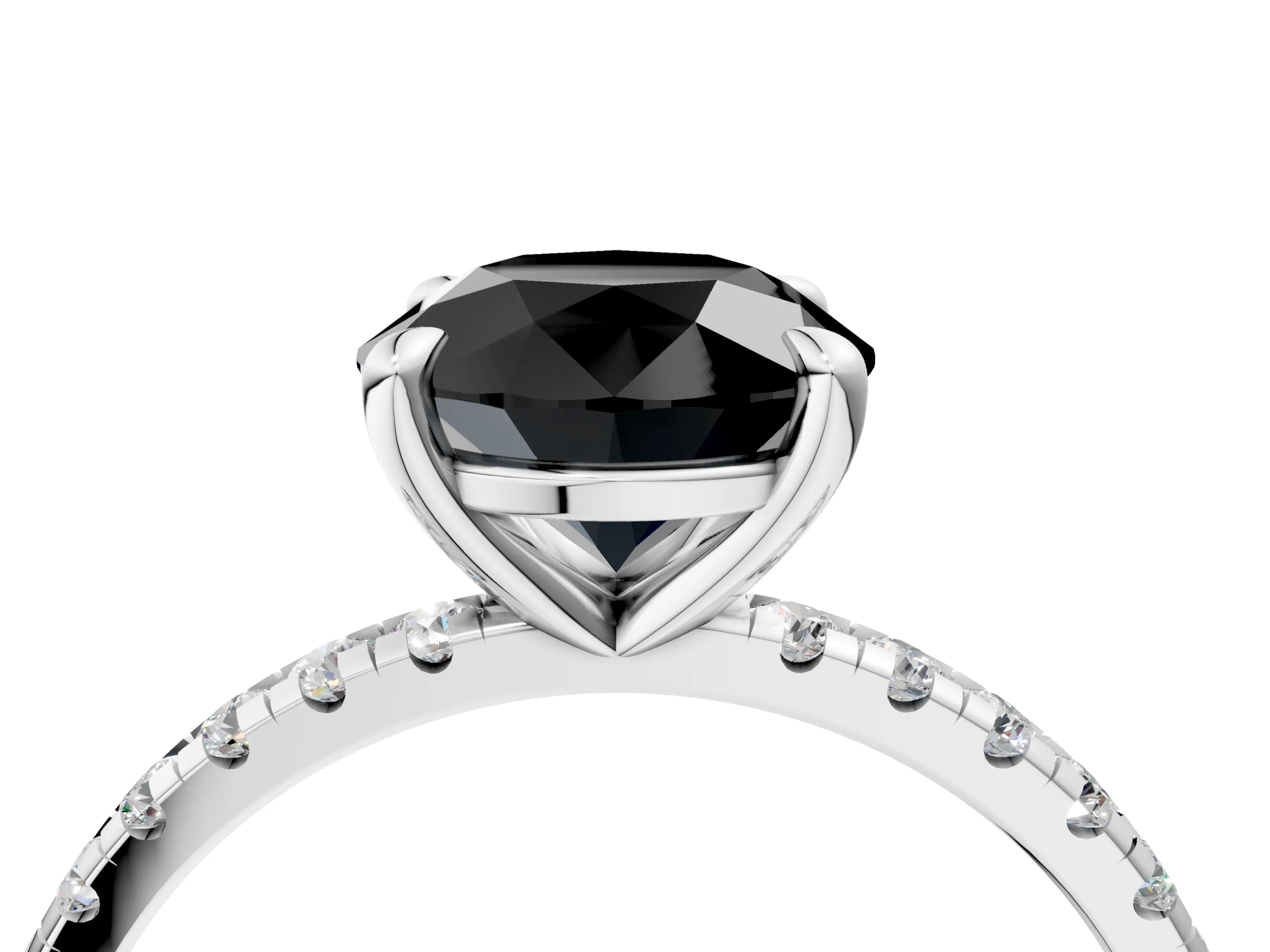 White gold Fancy Black Round Cut Diamond Brilliant Solitaire Ring with Pavé Band and Four-Prong Setting_4