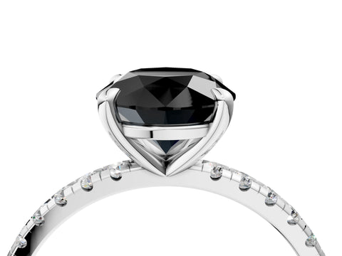 White gold Fancy Black Round Cut Diamond Brilliant Solitaire Ring with Pavé Band and Four-Prong Setting_4