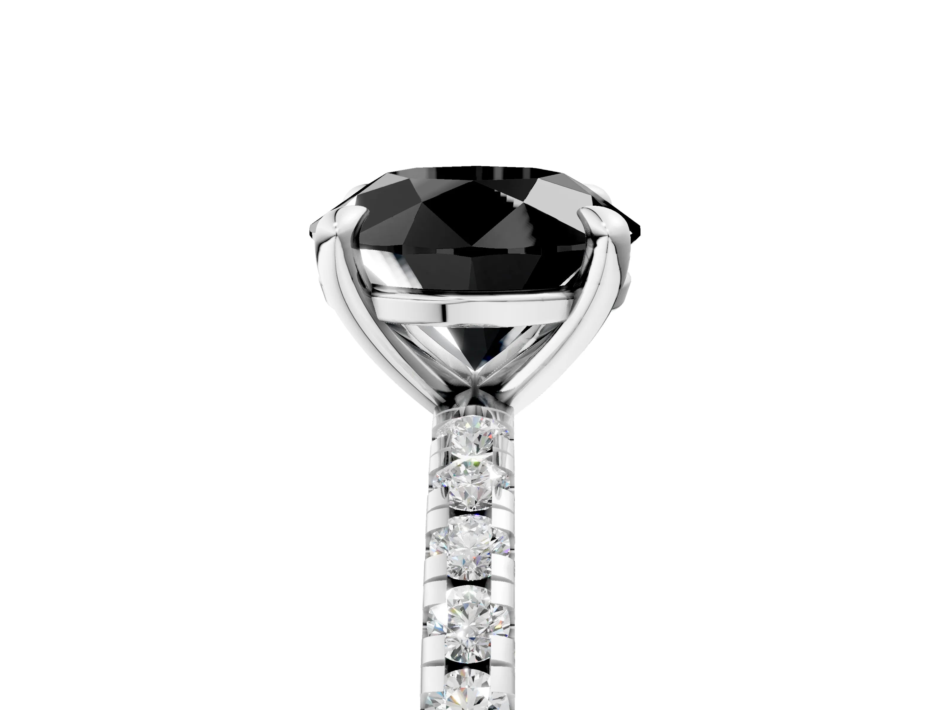 White gold Fancy Black Round Cut Diamond Brilliant Solitaire Ring with Pavé Band and Four-Prong Setting_5