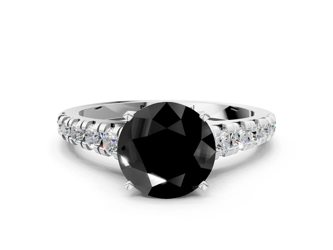 White gold Fancy Black Round Cut Diamond Cathedral Solitaire Ring with Round  Pavé Band_42