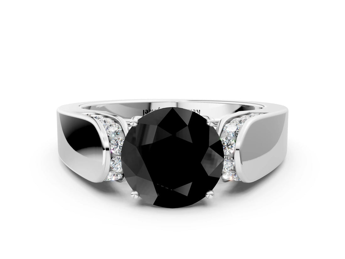 White gold Fancy Black Round Cut Diamond Channel Set Solitaire Ring with Four-Prong Setting_13