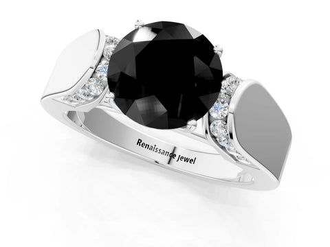 White gold Fancy Black Round Cut Diamond Channel Set Solitaire Ring with Four-Prong Setting_13