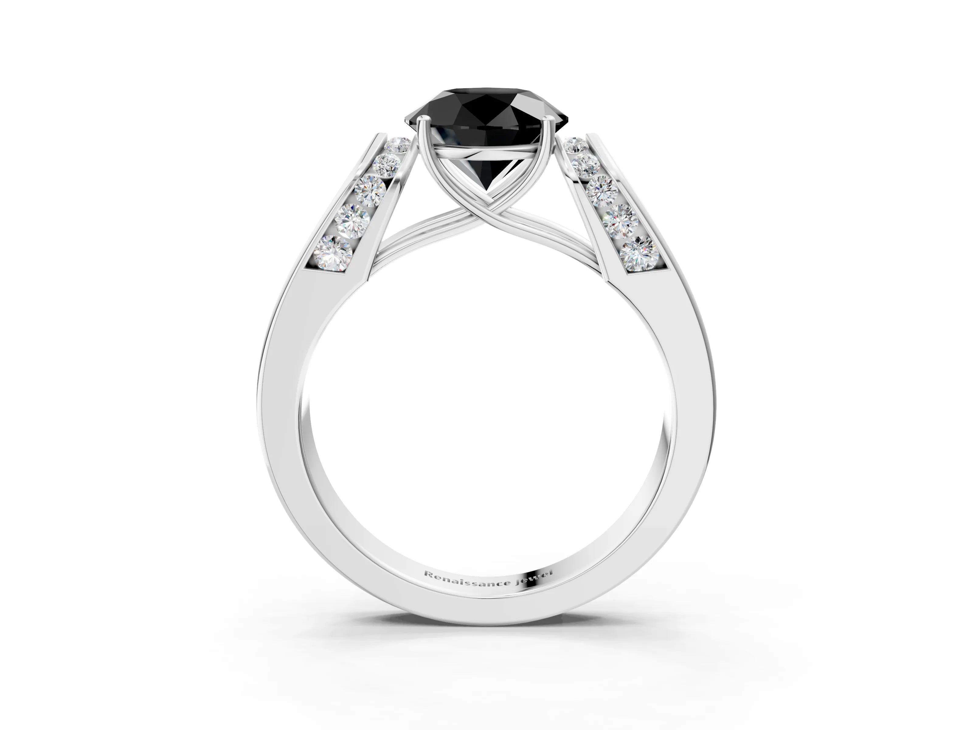 White gold Fancy Black Round Cut Diamond Channel Set Solitaire Ring with Four-Prong Setting_15