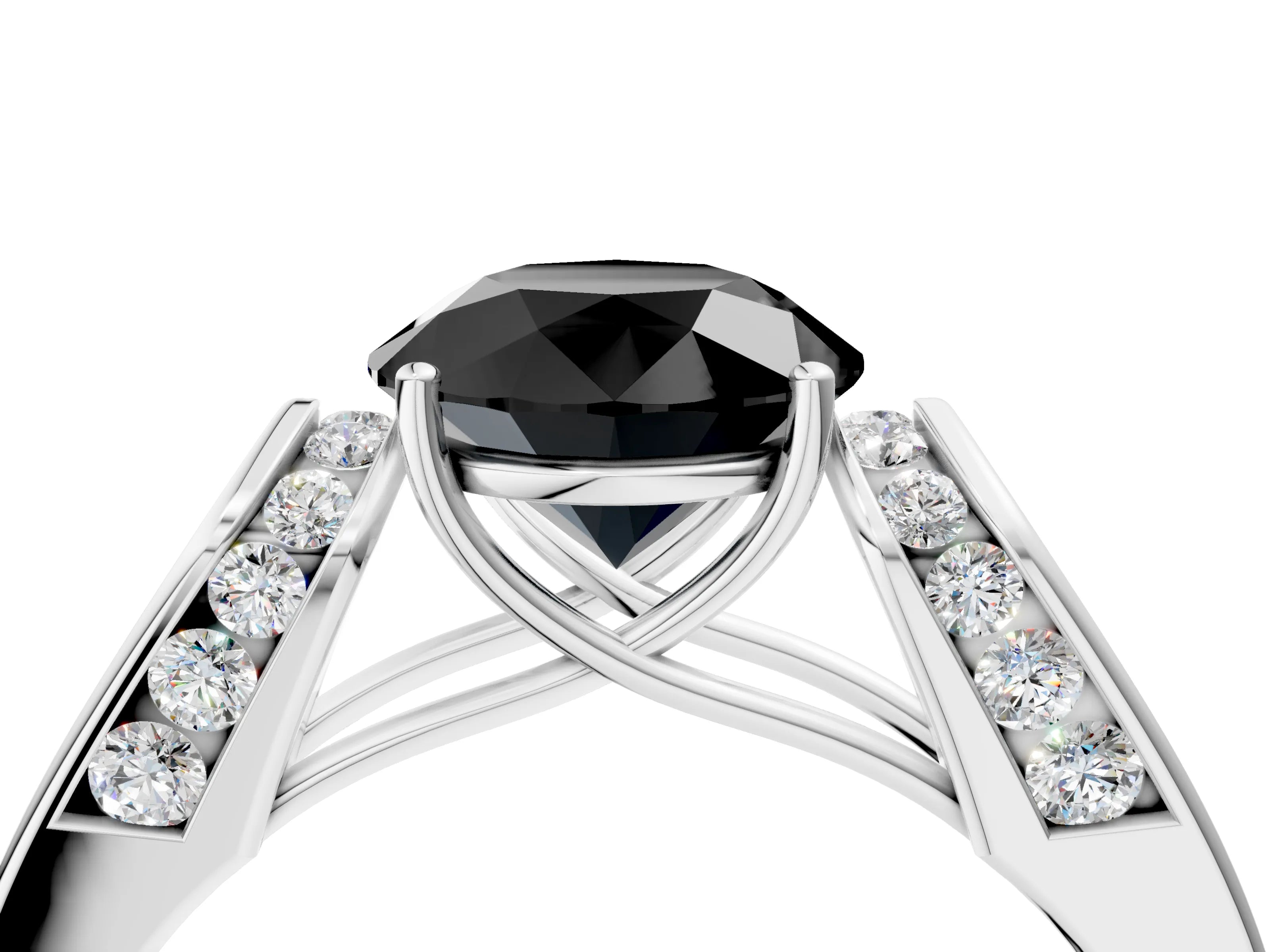 White gold Fancy Black Round Cut Diamond Channel Set Solitaire Ring with Four-Prong Setting_16
