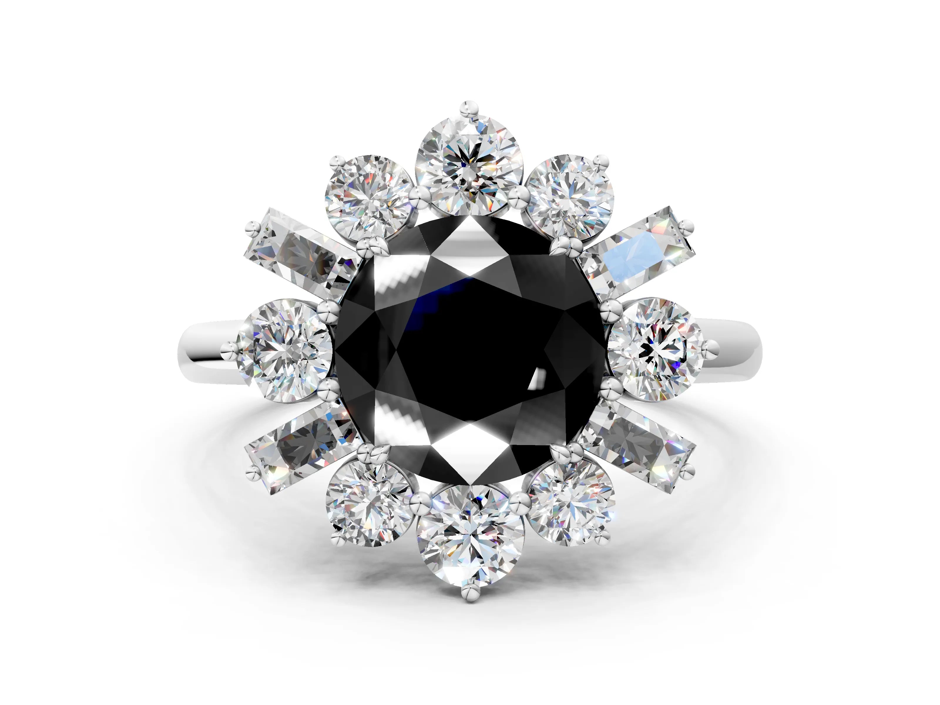 White gold Fancy Black Round Cut Diamond Cluster Ring with Round and Baguette Stones, Split Shank Band, Prong Setting_12