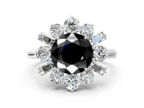 White gold Fancy Black Round Cut Diamond Cluster Ring with Round and Baguette Stones, Split Shank Band, Prong Setting_12